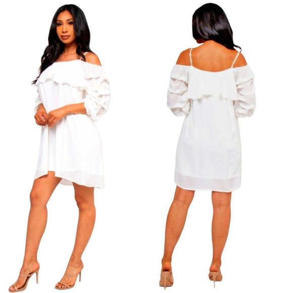 mittoshop Dresses & Skirts - NEW MINI DRESS Sizes S-M &L WHITE RUFFLE SLEEVES